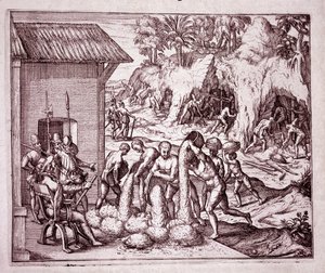 Amerikas historia: spanjorerna utnyttjar guldgruvorna (gravyr av Theodore de Bry