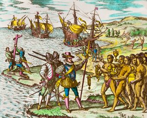 Amerikas historia: upptäcktsresanden Christopher Columbus (1451-1506) välkomnas av indianerna vid hans ankomst till den nya världen"" Gravyr av Theodore De Bry (1528-1598) Gravyr från 1500-talet
