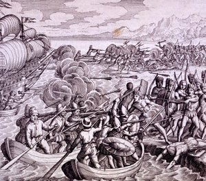 Hur spanjorerna landade på ön Haiti, med 400 män som släppte till en stor strid med de infödda, illustration från "Vespuccis resa till Västindien" av Theodore de Bry