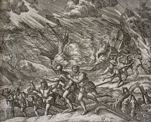Orkanen sänker Santa Maria, Christopher Columbus karavel av Theodore de Bry