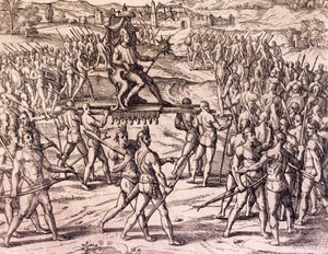 Inkakejsaren Atahualpa besegrad av Francisco Pizarros (1475-ca 1541) spanska trupper, Peru, gravyr från amerikansk historia av Theodore de Bry (1528-1598), Frankfurt av Theodore de Bry