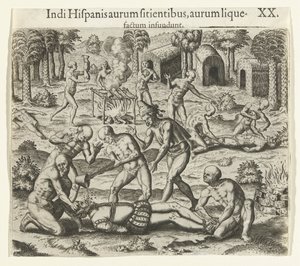 Indianer häller flytande guld i munnen på en spanjor, 1594. av Theodore de Bry