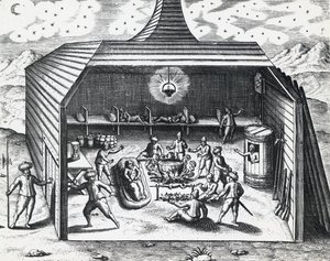 Interiör av William Barents (ca 1550-1597) vinterhem i den ryska skärgården Novaja Zemlja, av Theodor de Bry (1528-1598), gravyr av Theodore de Bry