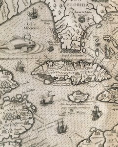 Ön Kuba, Florida och Mexikanska golfen, gravyr från History of American Grand Voyages av Theodore de Bry