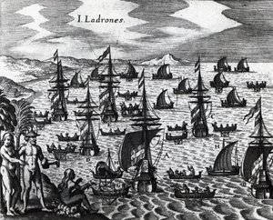 Tjuvarnas öar (Islas de los Ladrones, idag Marianas öar), gravyr från Peregrinationes, av Theodor de Bry (1528-1598). 1500-talet av Theodore de Bry