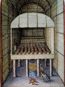 Inföddas liv, begravning av döda, graverad av Theodor de Bry (1528-1598), från Admiranda Narratio, trust tamen, commodis et de incolarvm ritibvs Virginia, av Thomas Harriot (1560-1621), Nordamerika av Theodore de Bry
