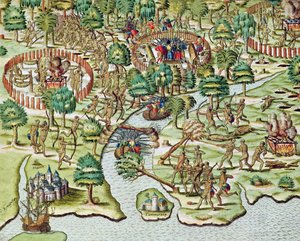 Metoder för belägring och anfall, från "Americae Tertia Pars...", 1592 av Theodore de Bry