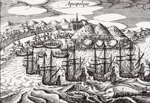 Mexiko, utsikt över Acapulco - Mexiko (Aquapolque), Theodore de Bry, ca. 1630. Tidig bild av den koloniala bosättningen i Acapulco, som spanjorerna använde som huvudhamn för sin Stillahavshandel med Filippinerna. Hamnen är fylld med galjoner och ett lar av Theodore de Bry
