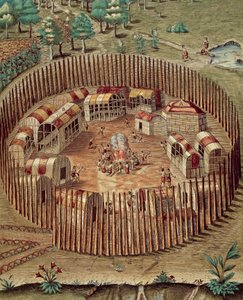 Indianbefäst by i Virginia av Theodore de Bry