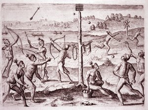 Indianer som övar att springa, skjuta pilar och kasta boll, Florida (gravyr av Theodore de Bry