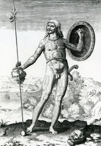 Piktisk man som håller ett mänskligt huvud av Theodore de Bry