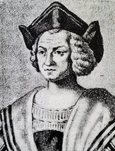 Porträtt av Christopher Columbus (1451-1506), gravyr av Theodore de Bry (1528-1598) av Theodore de Bry