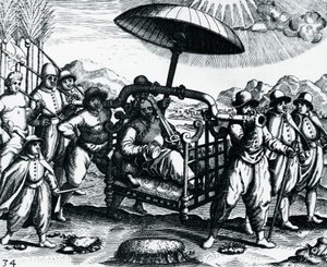 Portugiser i Indien, transporterade på strö, gravyr från Peregrinationes, av Theodor de Bry (1528-1598), Indien av Theodore de Bry