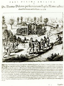 Ralph Hamor besöker Powhatan, 1619 (gravyr) (bw foto) av Theodore de Bry