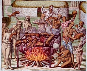 Scen för kannibalism i Brasilien Indianerna slukade sina fiender och fångar. Gravyr från "Admirante Narratio Americae"" av Theodore de Bry (1528-1598)