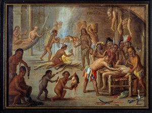Scen för kannibalism i Brasilien 1644. Indianerna slukade sina fiender och fångar. Målning av Jan van Kessel dit le vieux (1626-1679) (ec.flam.) från en illustration av Theodore de Brys resor till Brasilien. Sol. 0,18x0,24 m La Rochelle, museum d