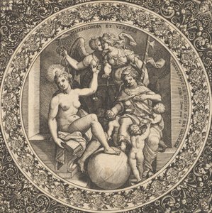 Scen med Misericordia och Veritas i en cirkel i centrum, 1580-1600. av Theodore de Bry