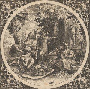 Scen med en varning mot könssjukdom i en cirkel i centrum, 1580-1600. av Theodore de Bry