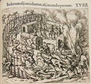 Vissa indianer dödas, några omkommer i en brand. Från: Americae pars qvarta av Theodore de Bry