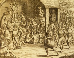 Sydamerikansk inhemsk religiös rit, gravyr från Historia americae, av Theodor de Bry (1528-1598), Frankfurt av Theodore de Bry