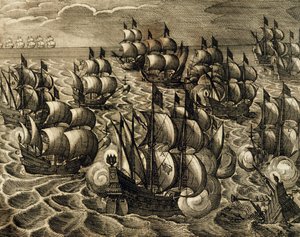 Spanska Armadas befäl över Rodrigo Mendoza, gravyr av Theodore de Bry (1528-1598) hämtad från History of America av Theodore de Bry, Spanien, 1602 av Theodore de Bry