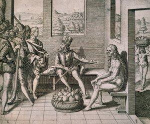 Spanska erövrare som möter infödda kvinnor i Amerika, av Theodore de Bry av Theodore de Bry