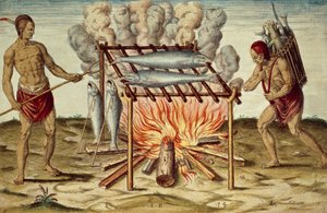 Taino-invånare som lagar fisk, färggravyr av Theodor de Bry (1528-1598) efter en målning av John White, från Brief and true report of new found land of Virginia. av Theodore de Bry