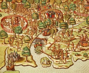 Tekniker för belägring och attack, gravyr av Theodor de Bry (1528-1598), från Americae tertia pars av Theodore de Bry