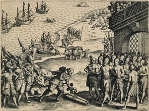 Holländarna går i land i Calcutta av Theodore de Bry