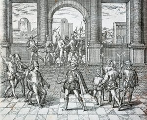 Inkakungen Atahualpa tas till fånga av spanjorer i Cajamarca, illustration från amerikansk historia av Theodore de Bry av Theodore de Bry
