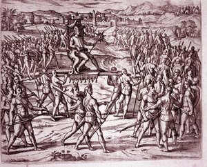 Inka-kungen, Atahualpa (eller Atabaliba), som håller en spira i form av en sol, bärs på en kull för att möta Francisco Pizarro (gravyr av Theodore de Bry