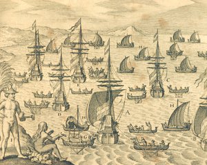Tjuvarnas ö, gravyr från amerikansk historia av Theodore de Bry, Nordamerika 1600-talet. av Theodore de Bry