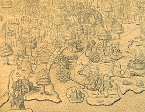 Portugiserna pressar sig mot inlandet och attackeras av en lokal stam av Theodore de Bry