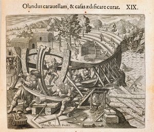 Spanjorerna bygger sitt första skepp i den nya världen, gravyr av Theodor de Bry (1528-1598) från Amerika av Theodore de Bry