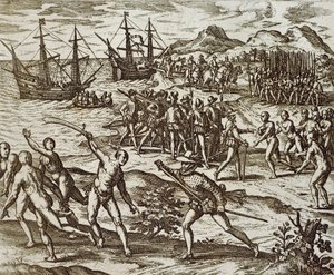 Spanjorna i Amerika, av Theodore De Bry, gravyr av Theodore de Bry