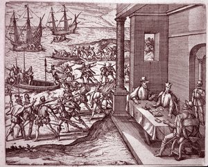 De spanska conquistadorerna Francisco Pizarro, Diego de Almagro och Hernando de Luque slog sig samman för att erövra Peru (gravyr av Theodore de Bry