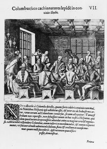 Historien om Christopher Columbus ägg (1450-1506) 1585-88 (gravyr) (bw foto) av Theodore de Bry