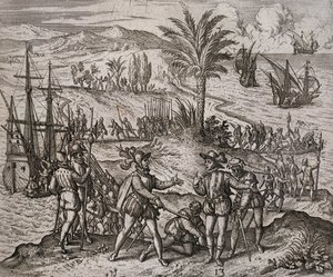 Gripandet av Christopher och Bartholomew Columbus på order av Francisco de Bobadilla av Theodore de Bry