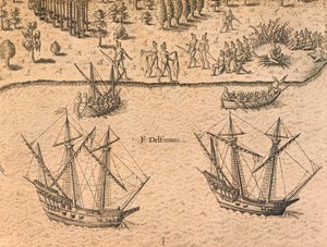 Ankomsten av franska fartyg till Florida av Theodore de Bry
