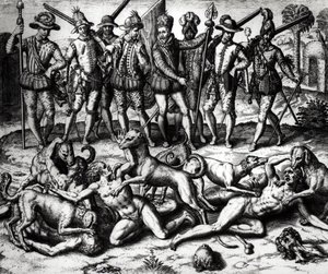 Hundarna av Vasco Nunez de Balboa (1475-1571) attackerar indianerna