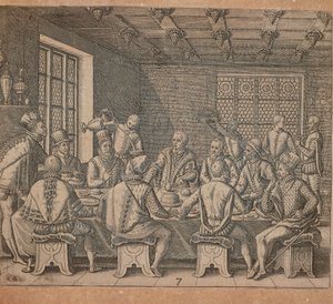 Columbus ägg, gravyr av Theodor de Bry (1528-1598) från den fjärde delen av Amerika av Theodore de Bry