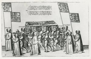 Sir Philip Sidneys begravningscortege på väg till St. Pauls Cathedral, 1587 av Theodore de Bry