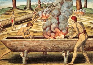 Virginia-infödda bygger en piroga av Theodore de Bry