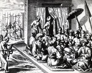 Bröllopsceremoni i Bantam, Java Island, av Theodor de Bry (1528-1598). gravyr av Theodore de Bry