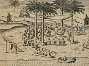 Karibu kutoka kwa Wenyeji Asilia wa Kiafrika, Mchoro kutoka Indiae Orietalis na Antonio Pigafetta, na Theodore de Bryswed av Theodore de Bry
