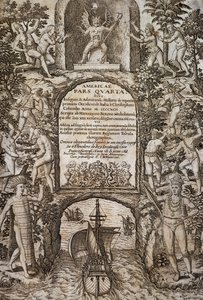 Västindien eller Amerika, av Theodor de Bry (1528-1598), frontispice, gravyr av Theodore de Bry