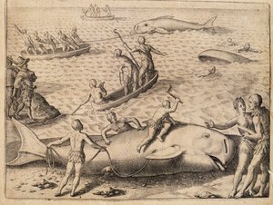 Valfångst nära Spetsbergen, gravyr av Theodor de Bry (1528-1598) från India Orientalis (Östra Indien) av Theodore de Bry