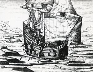 William Barents (ca 1550-1597) skepp under tredje holländska expeditionen på jakt efter nordostpassagen, av Theodor de Bry (1528-1598), gravyr av Theodore de Bry