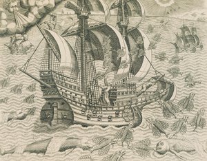 Bevingad fisk från Indiens hav, Illustration från amerikansk historia av Theodore de Bry av Theodore de Bry