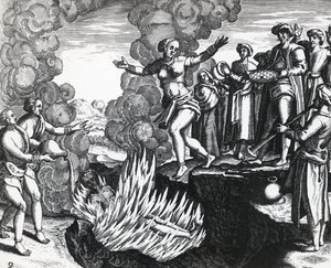 Kvinna som kastar sig på makens bål, av Theodor de Bry (1528-1598), gravyr av Theodore de Bry